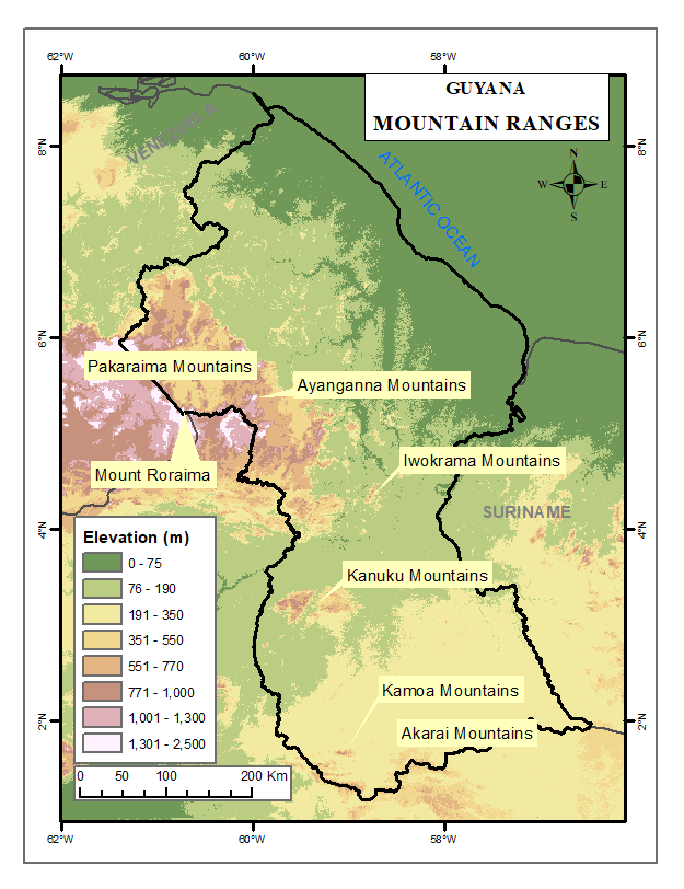 Map of the mountain ranges of Guyana