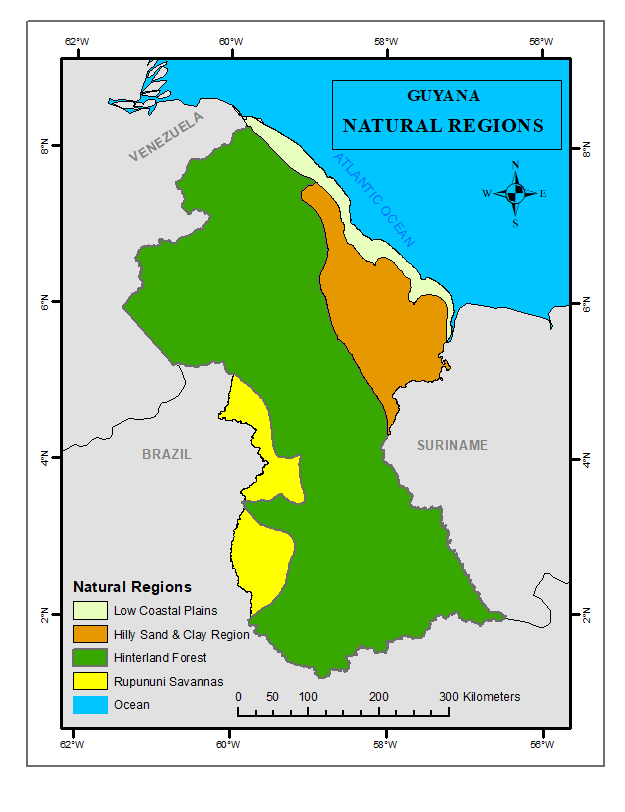 Map Of Guyana Showing Natural Regions And Resources Natural Regions – Guyana Lands And Surveys Commission`s Fact Page On Guyana